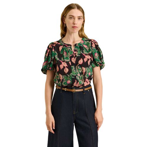 Veronika Maine Noir Batik Bloom Georgette Gathered Sleeve Blouse